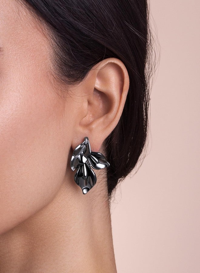 SNGIA silver plated Plated Stainless Steel Dark Black Grey Gray Rose Petal Daisy Flower Stud Statement Earrings for Women by SNGIA, Dainty Bold Retro Handmade Trendy Natural Floral Bohemian Jewelry Gifts, Small Unique Baroque Turquoise Stone Summer Beach Fashion Earrings Accessories, Vintage Nickle Free Huggies Earrings. - Image 4